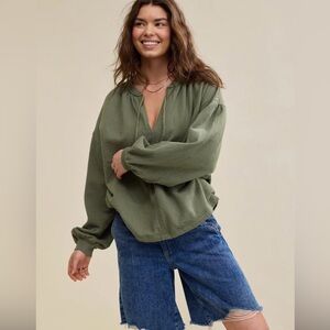 Aerie Easy Street Sweatshirt Olive Green Size XS Oversized Gauzy Fleece Cozy
